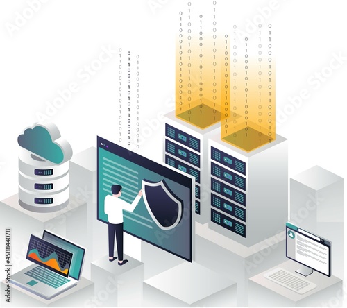 flat isometric vector illustration programmer secure cloud server data