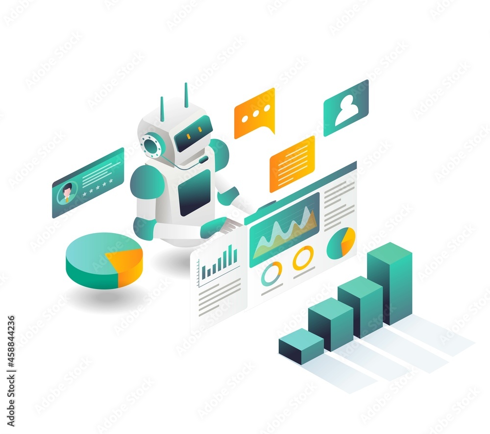 Robot is analyzing data and online discussion Robot is analyzing data and online discussion