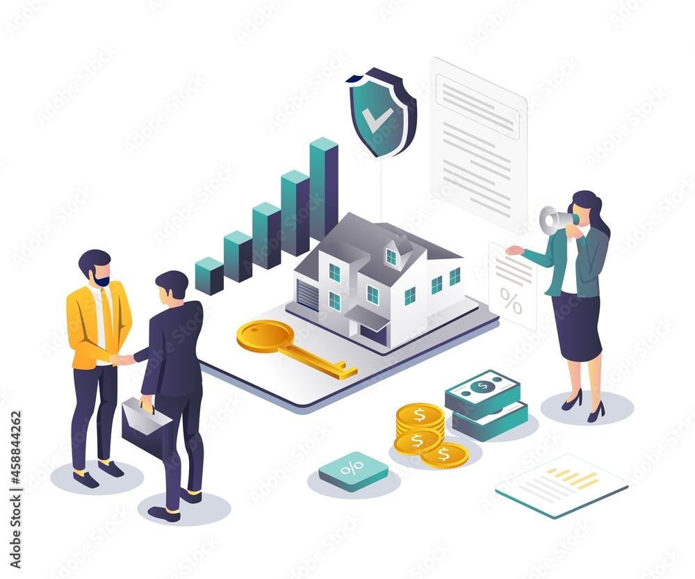 Security infests the house and agrees in isometric illustration