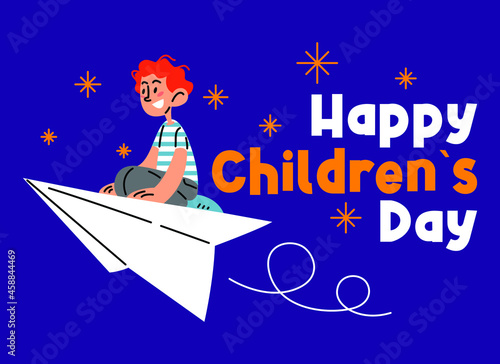 Happy boy on a flying paper airplane flat vector illustration