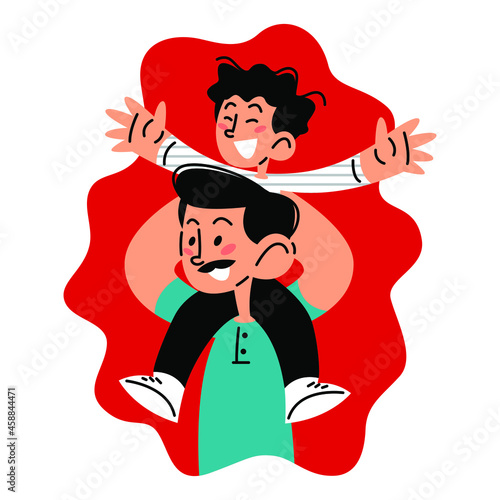 Father carrying his son on shoulder flat vector illustration