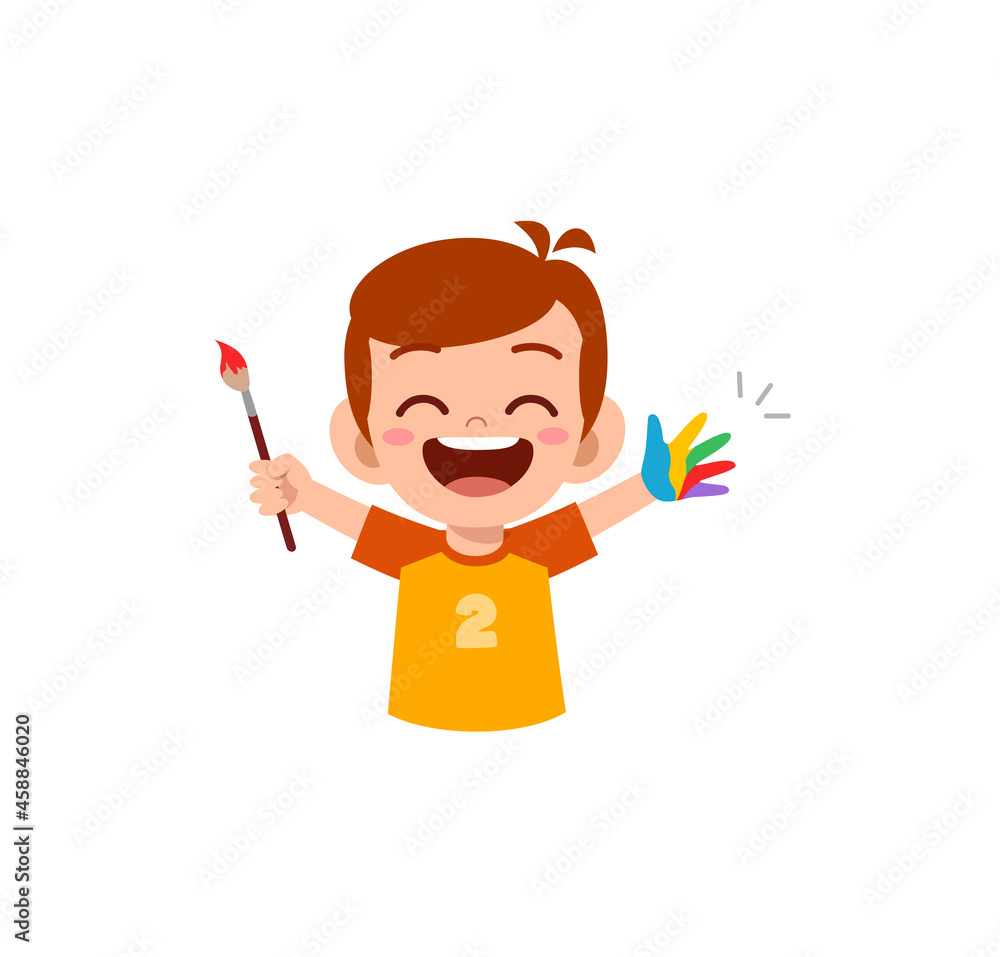 cute little boy using paint to hand for art