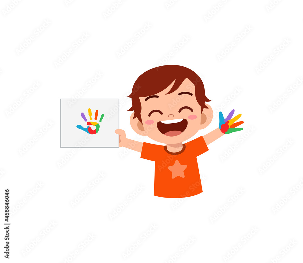 cute little boy using paint to hand for art cute little boy using paint to hand for art