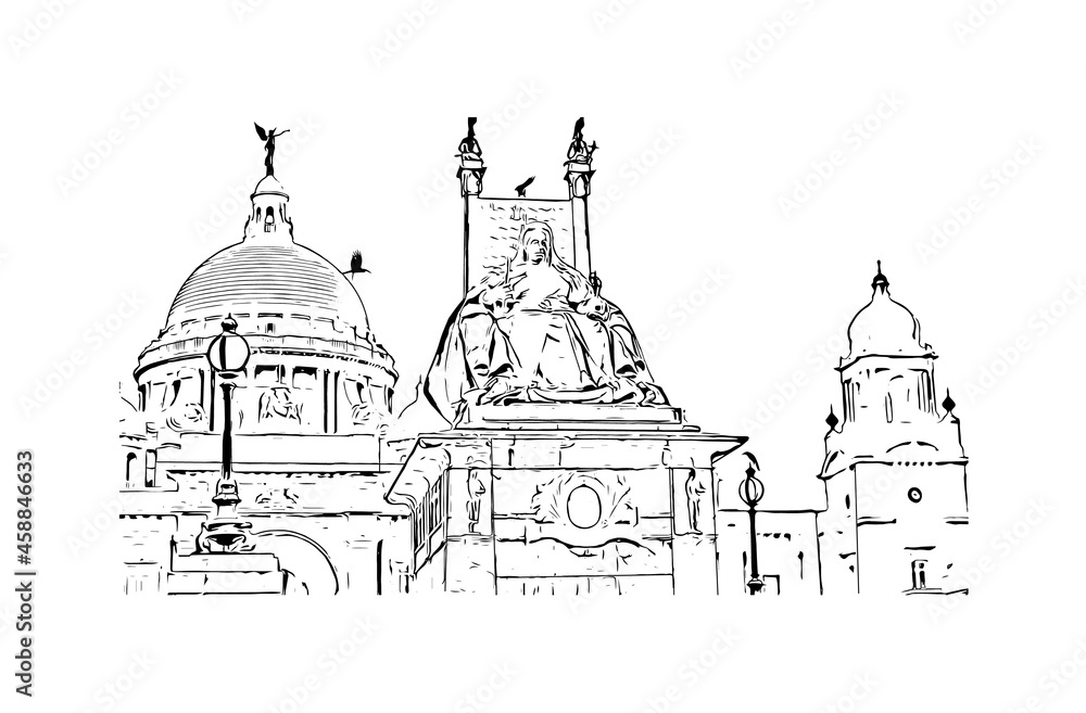 Building view with landmark of Kolkata is the 
city in India. Hand drawn sketch illustration in vector.