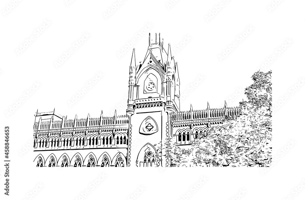 Building view with landmark of Kolkata is the 
city in India. Hand drawn sketch illustration in vector.