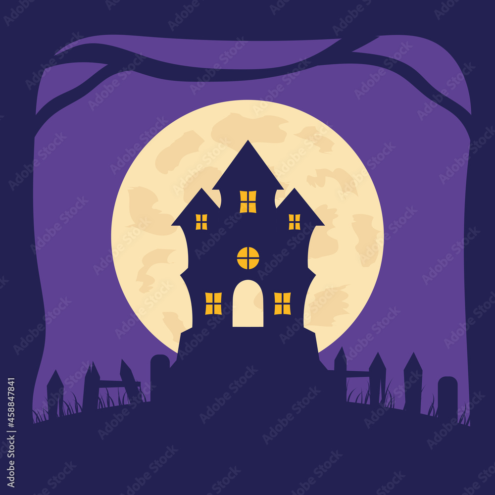 Happy Halloween banner or greeting card concept with house and moon.