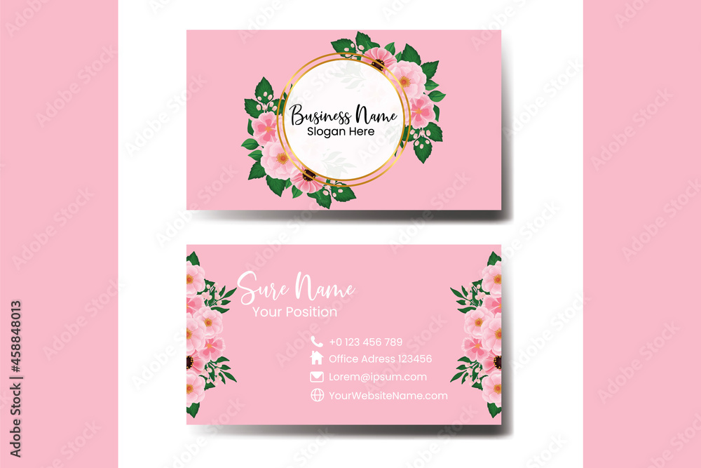Business Card Template Pink Flower .Double-sided Pink Colors. Flat Design Vector Illustration. Stationery Design