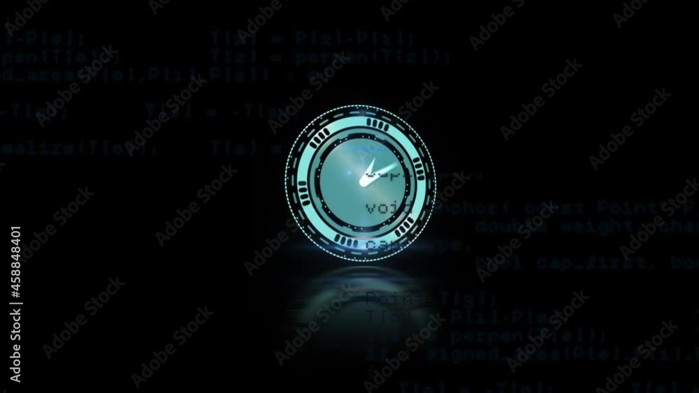 Animation of data processing over clock on black background Animation of data processing over clock on black background