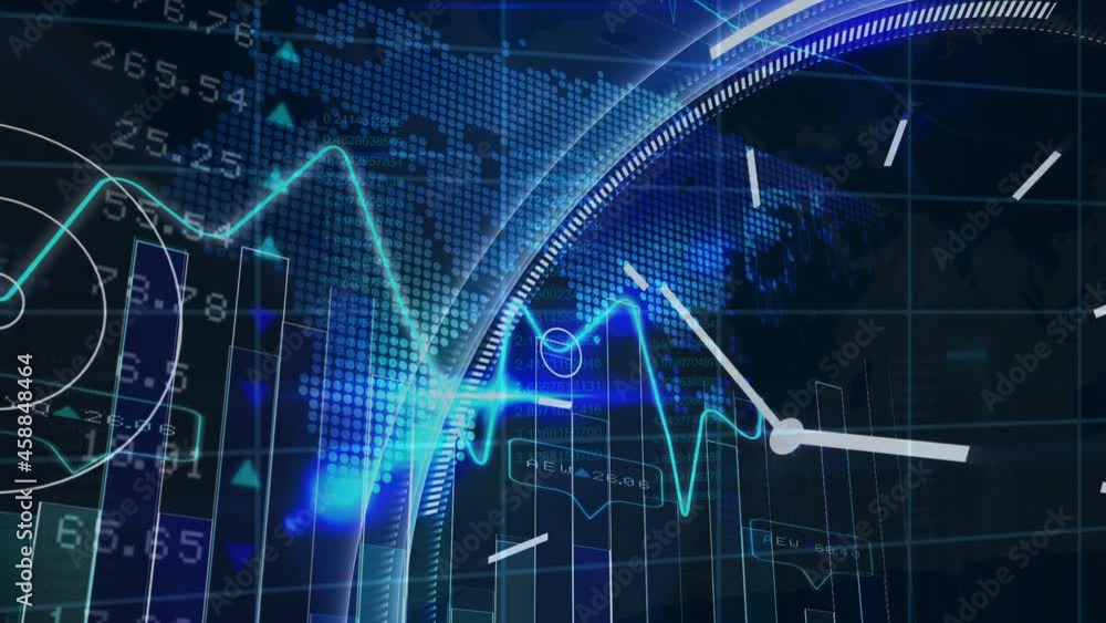Animation of clock, data processing and financial statistics over world map Animation of clock, data processing and financial statistics over world map
