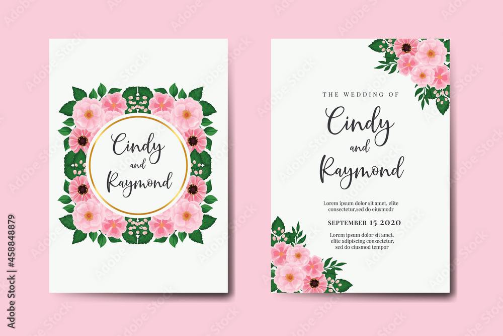 Obraz premium Wedding invitation frame set, floral watercolor Digital hand drawn Pink Flower design Invitation Card Template