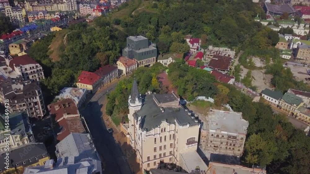 an aerial view of the historic center, podil or podol, kiev, ukraine. andriivskyi descent, zamkova hora, beautiful ancient streets and buildings an aerial view of the historic center, podil or podol, kiev, ukraine. andriivskyi descent, zamkova hora, beautiful ancient streets and buildings