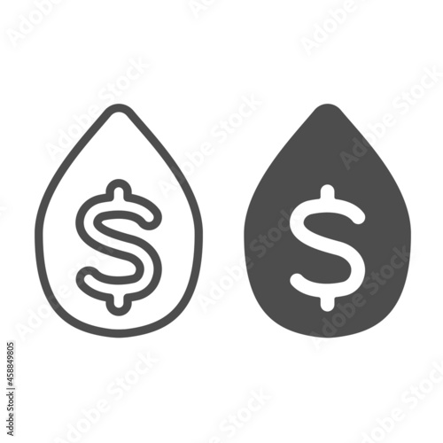 Drop of oil and dollar, fuel price, cost line and solid icon, oil industry concept, oil and usd vector sign on white background, outline style icon for mobile concept and web design. Vector graphics.