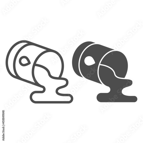 Spilled oil barrel, cask, petrol spill puddle line and solid icon, oil industry concept, fuel vector sign on white background, outline style icon for mobile concept and web design. Vector graphics.