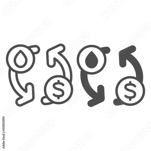 Oil to dollar exchange, price, cost, rate line and solid icon, oil industry concept, oil to usd vector sign on white background, outline style icon for mobile concept and web design. Vector graphics.