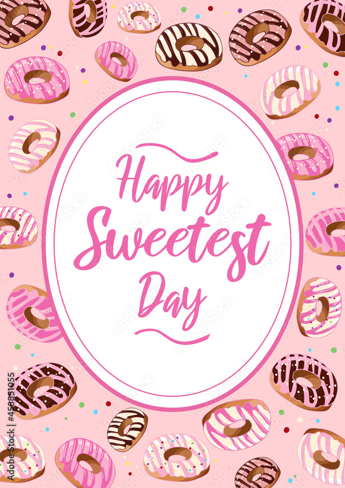 Vintage Vector illustration. Oval frame with donuts on a pink background. Happy Sweetest Day. Template for posters, postcards, cards, banners, packaging, menu.