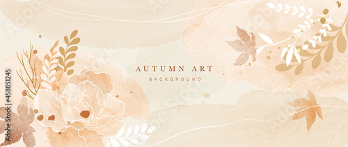 Autumn background vector. Hand painted watercolor and gold brush texture, Flower and botanical leaves hand drawing. Abstract art design for wallpaper, wall arts, cover, wedding and  invite card.  
