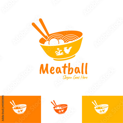 Delicious Bakso Meatball and Noodle ramen samyang restaurant bowl chopstick spoon logo with chicken meat mangkuk ayam symbol icon illustration