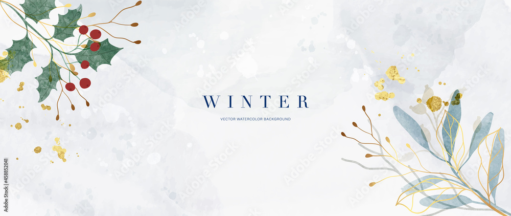 Winter background vector. Hand painted watercolor and gold brush texture, Flower and botanical leaves hand drawing. Abstract art design for wallpaper, wall arts, cover, wedding and  invite card.  - obrazy, fototapety, plakaty 
