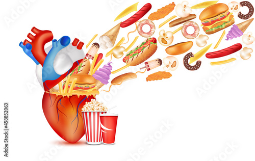 Foods that are bad for the heart. Diet dangerous coronary fitness. Unhealthy heart. With human cardiovascular anatomy. Medical and health concepts. Isolated on white background 3D vector.