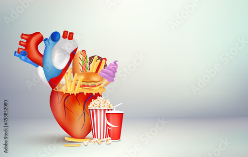 Foods that are bad for the heart. Diet dangerous coronary fitness. Unhealthy heart. With human cardiovascular anatomy. Medical and health concepts. Isolated on white background 3D vector.