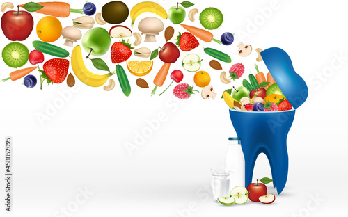 Assortment of food for healthy teeth and healthy smile. Vegetables Fruits rich in vitamins and minerals. Best food for oral and gum health. Concept of dental nutrition healthy. 3D Vector.