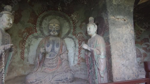 Beautiful Buddhist sculpture at Maijishan Grottoes in Tianshui, Gansu, China photo