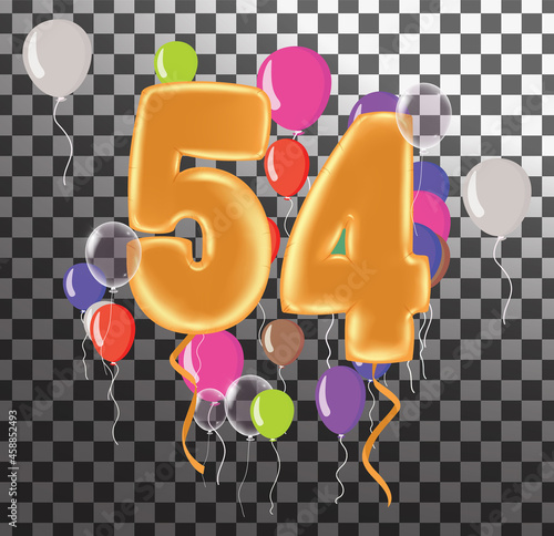 Happy Birthday fiftyfour year, fun celebration anniversary greeting card with number, balloon on background photo