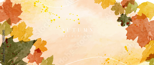 Autumn background vector. Hand painted watercolor and gold brush texture, Flower and botanical leaves hand drawing. Abstract art design for wallpaper, wall arts, cover, wedding and  invite card.  