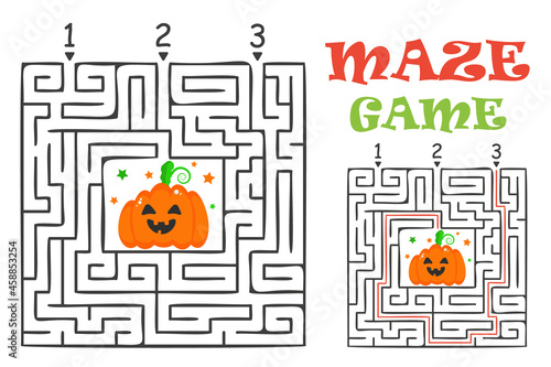 Rectangular halloween maze labyrinth game for kids. Labyrinth logic conundrum. Three entrance and one right way to go. Vector flat illustration