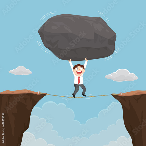 Cartoon businessman carry rocks on rope, Crossing the edge of rock gap, Burden concept, Illustration vector cartoon