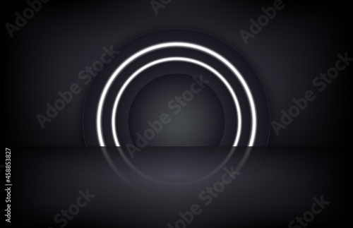 Fototapeta Naklejka Na Ścianę i Meble -  Empty black studio and a illuminated by neon lights circle. Free space for product presentation. Black background abstract. 3D Vector illustration.