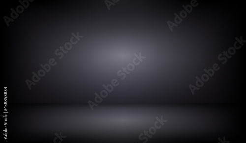 Black studio background abstract. Gradient with border black vignette. Empty light room. Clean design for displaying product. 3D Vector illustration.