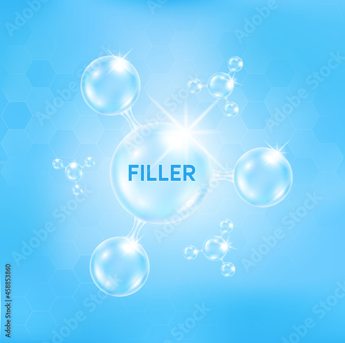 Filler, Botox in molecular form help reduce wrinkle dermal layer on skin face. Facial hyaluronic acid (HA-Filler) Medical and beauty concept. On a light blue background. Vector EPS10 illustration.