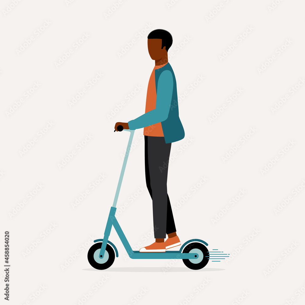 Side View Of A Young Black Man Traveling With An E-Scooter. Urban And Eco-Friendly Transportation. E-Scooter. Micromobility. Side View Of A Young Black Man Traveling With An E-Scooter. Urban And Eco-Friendly Transportation. E-Scooter. Micromobility.