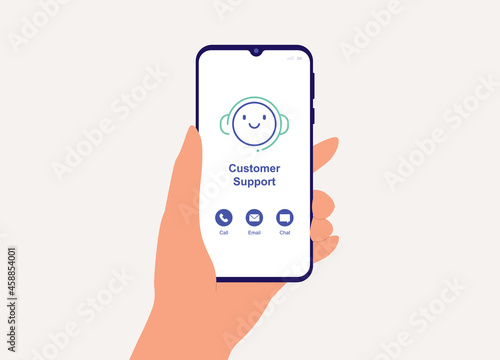 Customer Using Smartphone With A Friendly Online Customer Service And Support Mobile App.