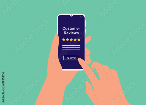 A Customer Using Smartphone To Submit Customer Reviews And Giving Five Star Ratings With Comments.