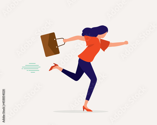 Happy Female Employee With Briefcase Feeling Excited To Go To Work. Job Satisfaction. Rushing To Work.