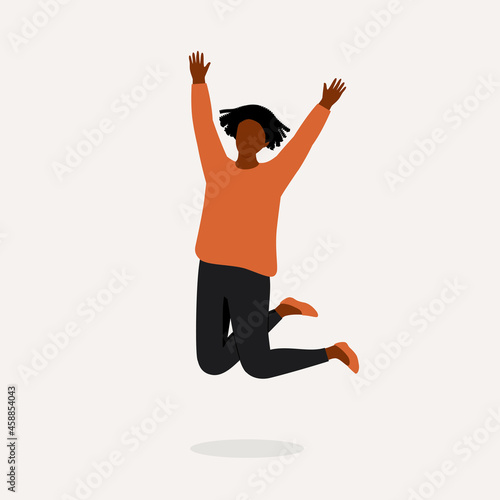 Happy Young Black Woman Jumping And Thrilled With Joy. Positive Emotions.