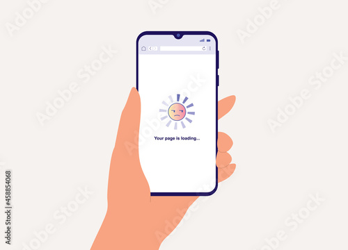 Annoying Web Page Slow Loading Concept. A User Holding Smartphone With Loading Page Browser, The Annoying Emoji Icon Depicting User Frustration.