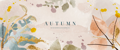 Autumn background vector. Hand painted watercolor and gold brush texture, Flower and botanical leaves hand drawing. Abstract art design for wallpaper, wall arts, cover, wedding and  invite card.  