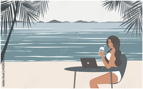 Workcation. Working on vacation concept. Woman working on laptop on beach summer vacation vector illustration