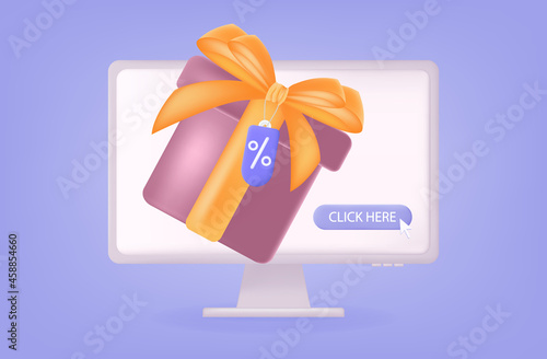 3d Loyalty program online, electronic shopping and coupon. Advertising promotion, purchase, payment and profitable discount. Loyal sale or Black Friday, price tag or cashback refund, bonus. Vector 