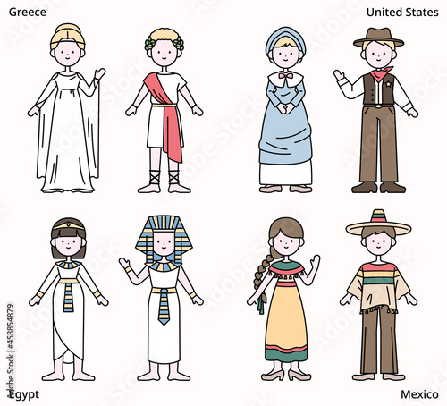 Cute characters are wearing traditional clothes from around the world. outline simple vector illustration.