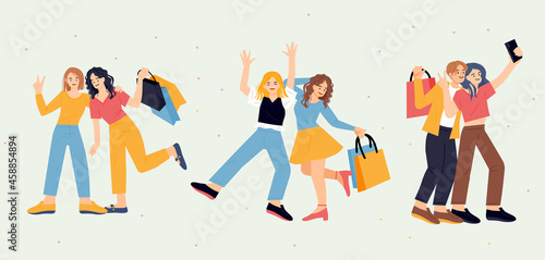 Women are having fun shopping with their friends. hand drawn style vector design illustrations. 
