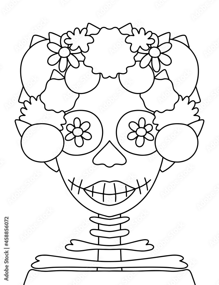 Hand-drawn skeleton lady with flower wreath linear vector illustration ...