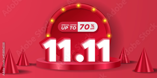 11.11 single's day shopping day discount promotion poster banner advertising final big mega sale with cylinder podium stage display