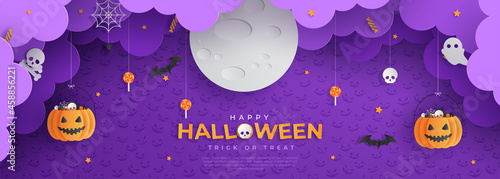 Happy Halloween banner or with night clouds and pumpkins filled with Halloween decorations in paper cut style. Vector illustration. Full moon in the sky, spider webs and bats flying. Place for text