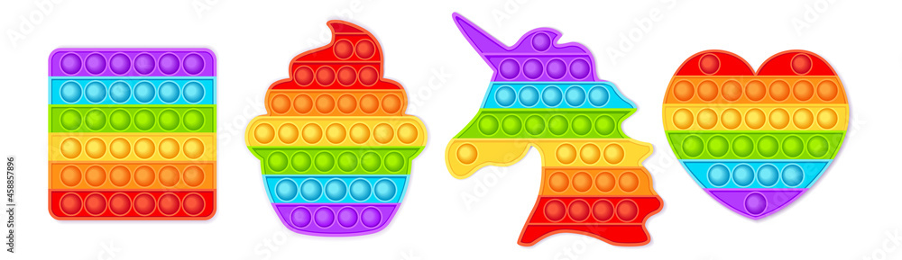 Popit fidget toy.Pop it sensory vector toy. 3d realistic antistress fidgeting toy Rainbow popular popit shaped as unicorn, heart, funny cupcaKe, and square. Bubble pop it fidget vector. - obrazy, fototapety, plakaty 