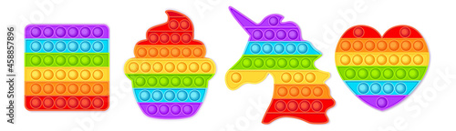 Popit fidget toy.Pop it sensory vector toy. 3d realistic antistress fidgeting toy Rainbow popular popit shaped as unicorn, heart, funny cupcaKe, and square. Bubble pop it fidget vector. photo
