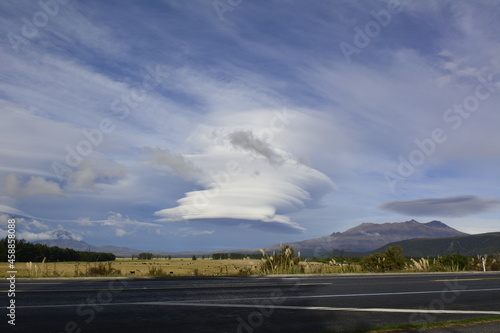 Lenticular cloud formation near a volcano at a national park in New Zealand